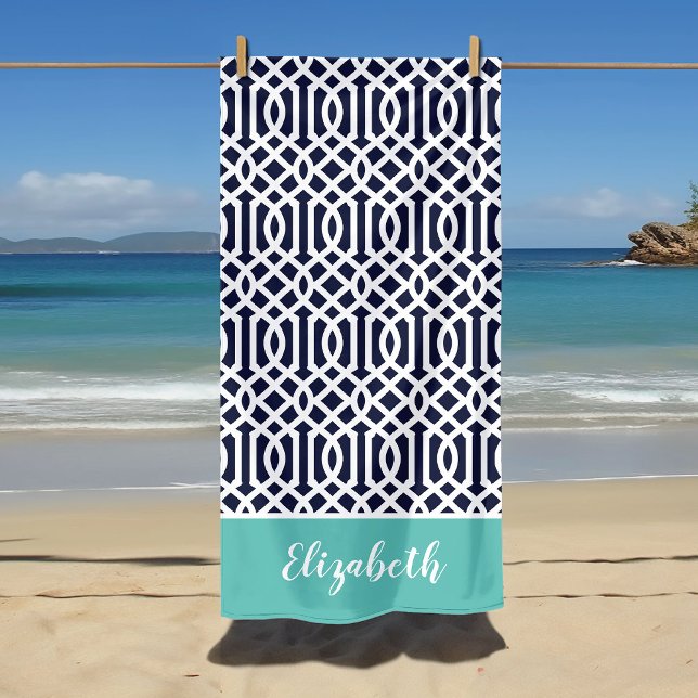 Aqua and Navy Trellis Monogram Strandtuch (Von Creator hochgeladen)