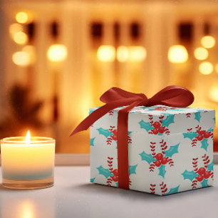 Aqua and Red Holiday Berries Muster Geschenkpapier