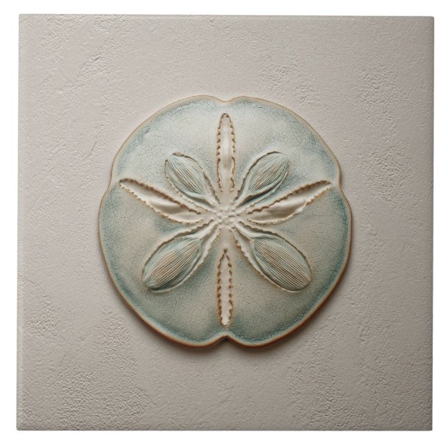 Aqua and Sand Coastal Sand Dollar Relief Artwork Fliese (Vorderseite)
