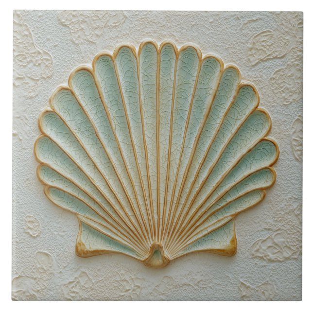 Aqua and Sand Coastal Scallop Shell Fliese (Vorderseite)