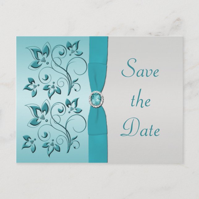 Aqua and Silver Quinceanera Save the Date Card Ankündigungspostkarte (Vorderseite)