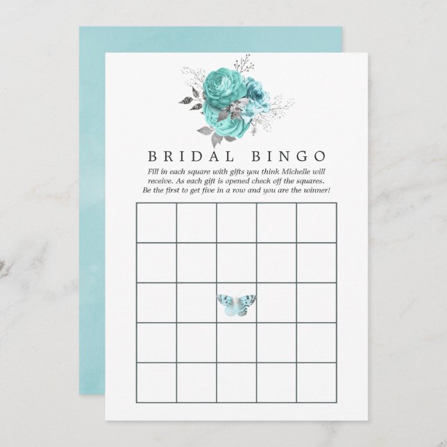 Aqua and Silver Vintag Shabby Rose Brautparty Einladung (Vorne/Hinten)