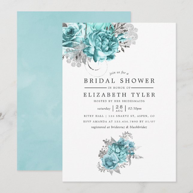 Aqua and Silver Vintag Shabby Rose Brautparty Einladung (Vorne/Hinten)