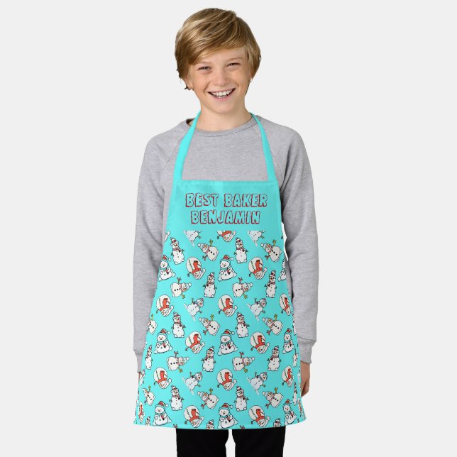 Aqua and White Snowman Pattern Kids Name Schürze (Getragen)