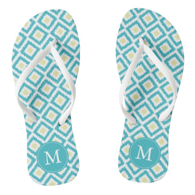 Aqua and Yellow Diamonds Ikat Muster Personalisier Flip Flops (Fußbett)