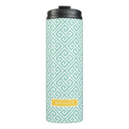 Aqua and Yellow Greece Key Monogram Thermosbecher