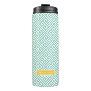 Aqua and Yellow Greece Key Monogram Thermosbecher