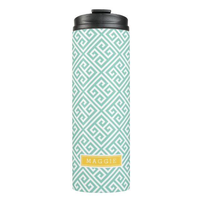 Aqua and Yellow Greece Key Monogram Thermosbecher (Vorderseite)