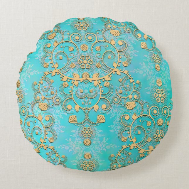 Aqua and Yellow Lacy Damask Rundes Kissen (Vorderseite)