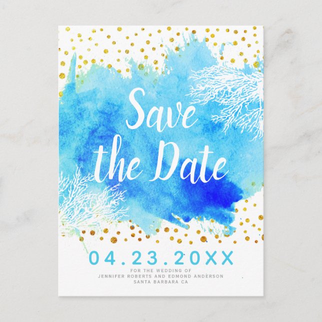 Aqua Aqua Aquarell, Korallenriff Hochzeit Retten S Ankündigungspostkarte (Vorderseite)