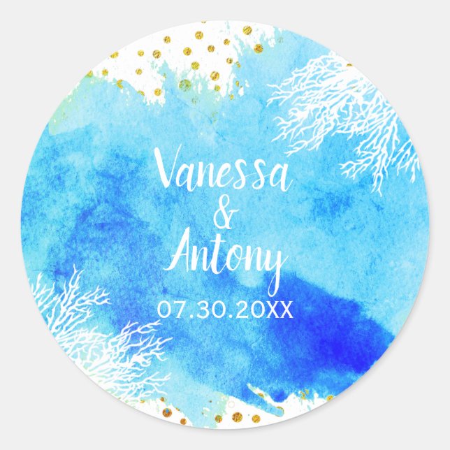 Aqua Aqua Aquarell, Korallenriff, Hochzeit von Gol Runder Aufkleber (Vorderseite)