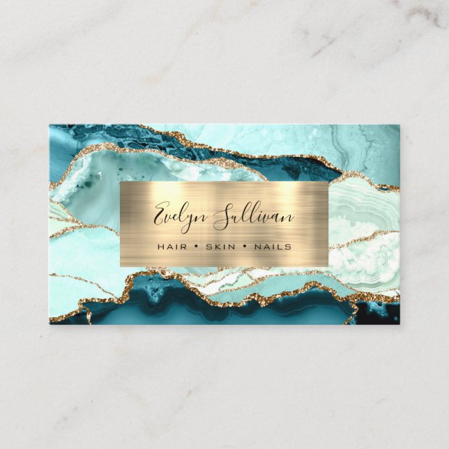 Aqua Aquamarin and Gold Agate Business Card Visitenkarte (Vorderseite)