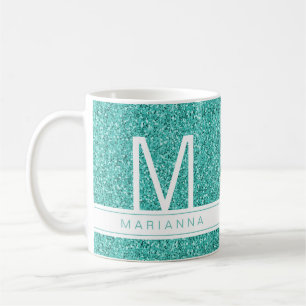Aqua Aquamarin Blue Glitzer Monogram Individuelle  Kaffeetasse