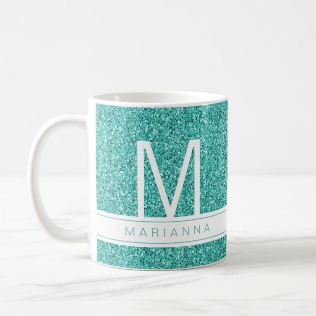 Aqua Aquamarin Blue Glitzer Monogram Individuelle  Kaffeetasse (Links)
