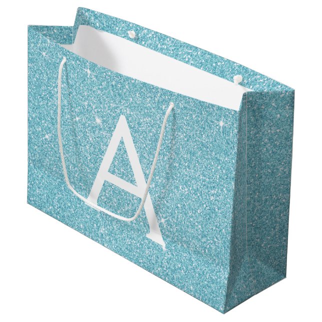 Aqua Aquamarin Blue Glitzer & Sparkle Monogram Große Geschenktüte (Vorderseite Schrägansicht)