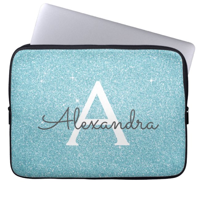 Aqua Aquamarin Blue Glitzer und Sparkle Monogram Laptopschutzhülle (Vorderseite)