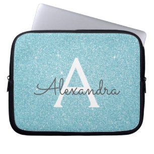 Aqua Aquamarin Blue Glitzer und Sparkle Monogram Laptopschutzhülle
