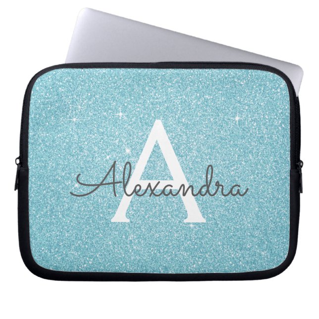 Aqua Aquamarin Blue Glitzer und Sparkle Monogram Laptopschutzhülle (Vorderseite)