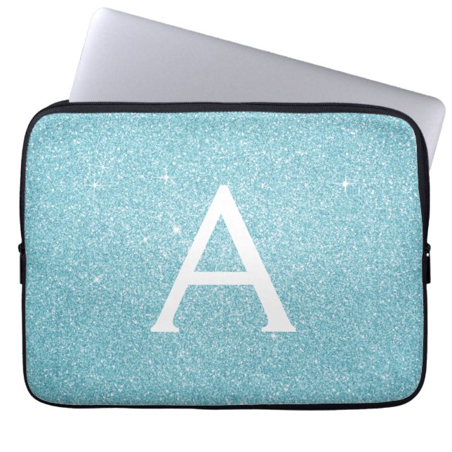Aqua Aquamarin Blue Glitzer und Sparkle Monogram Laptopschutzhülle (Vorderseite)