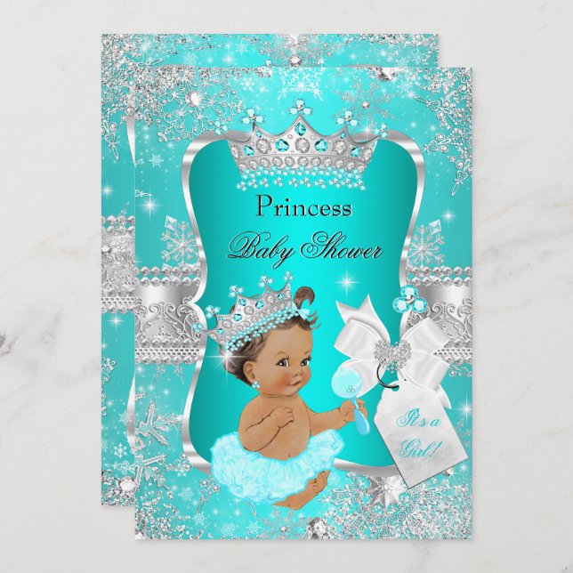 Aqua Aquamarin Blue Princess Baby Dusche Brünett Einladung (Vorne/Hinten)