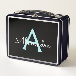 Aqua Aquamarin Blue Script Girl Monogram Name Metall Brotdose