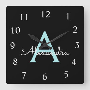 Aqua Aquamarin Blue Script Girl Monogram Name Quadratische Wanduhr