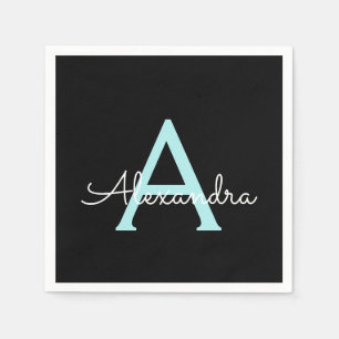 Aqua Aquamarin Blue Script Girl Monogram Name Serviette