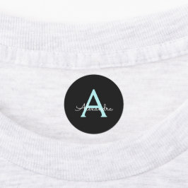 Aqua Aquamarin Blue Script Girly Monogram Name Etiketten