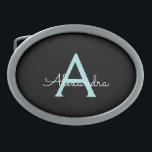 Aqua Aquamarin Blue Script Girly Monogram Name Ovale Gürtelschnalle<br><div class="desc">Black und Aqua Aquamarin Blue Simple Script Monogram Name Gelt Buckle. Das macht den perfekten Abschluss,  süß 16 16.,  18.,  21.,  30.,  40.,  50.,  60.,  70.,  80.,  90.,  100. Geburtstag,  Hochzeit,  Brautparty,  Jubiläum,  Babydusche oder Junggeselinnen-Abschied Geschenk für jemanden,  der Luxus und Chic Stil Lieben glänze.</div>