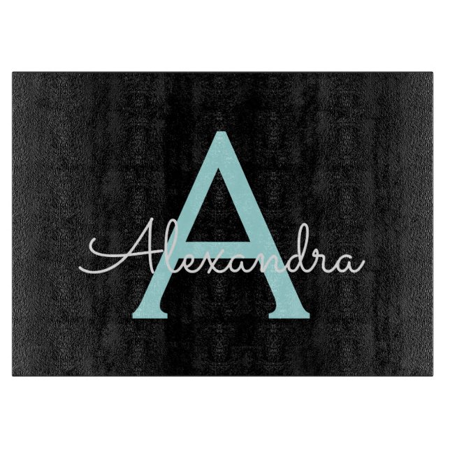 Aqua Aquamarin Blue Script Girly Monogram Name Schneidebrett (Vorderseite)
