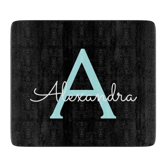 Aqua Aquamarin Blue Script Girly Monogram Name Schneidebrett (Vorderseite)