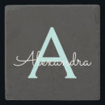 Aqua Aquamarin Blue Script Girly Monogram Name Steinuntersetzer<br><div class="desc">Black und Aqua Aquamarin Blue Simple Script Monogram Name Stone Tile. Das macht den perfekten Abschluss,  süßen 16 Geburtstag,  Hochzeit,  Brautparty,  Jubiläum,  Babydusche oder Junggeselinnen-Abschied Geschenk für jemanden,  die Lieben glamourösen Luxus und schicke Stile.</div>