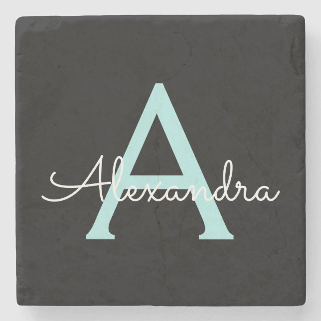 Aqua Aquamarin Blue Script Girly Monogram Name Steinuntersetzer (Vorderseite)