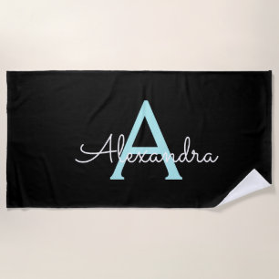 Aqua Aquamarin Blue Script Girly Monogram Name Strandtuch