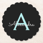 Aqua Aquamarin Blue Script Girly Monogram Name Untersetzer<br><div class="desc">Black und Aqua Aquamarin Blue Simple Script Monogram Name Paper Untersetzer. Dies macht den perfekten Abschluss,  Geburtstag,  Hochzeit,  Brautparty,  Jubiläum,  Babydusche oder Junggeselinnen-Abschied Geschenk für jemanden,  die Lieben glamourösen Luxus und schicke Stile.</div>