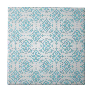 Aqua Aquamarin Blue und Silver Damask Fliese