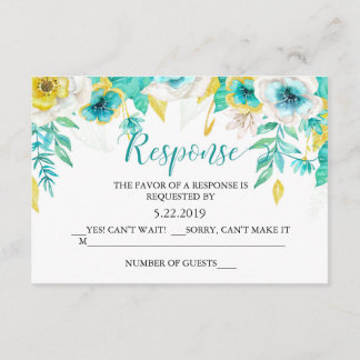 Aqua Aquamarin Floral Wedding RSVP Card Karte