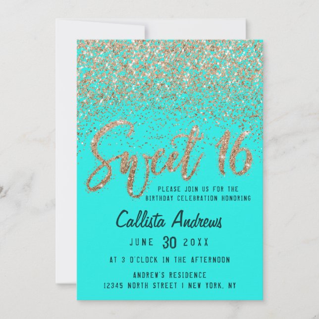 Aqua Aquamarin Gold Scattered Glitzer Ombre Sweet  Einladung (Vorderseite)