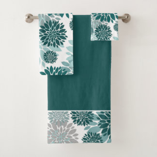 Aqua Aquamarin Grau Blume Muster Badhandtuch Set