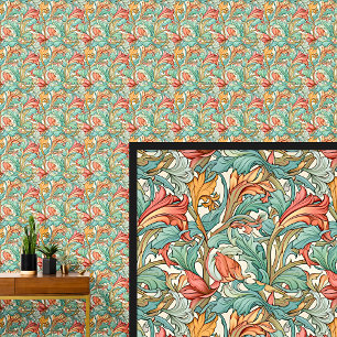 Aqua Aquamarin Green Orange Art Nouveau Tapete