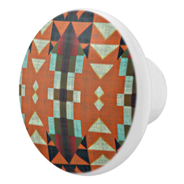 Aqua Aquamarin Green Orange Taupe Beige Tribal Art Keramikknauf (Rechts)