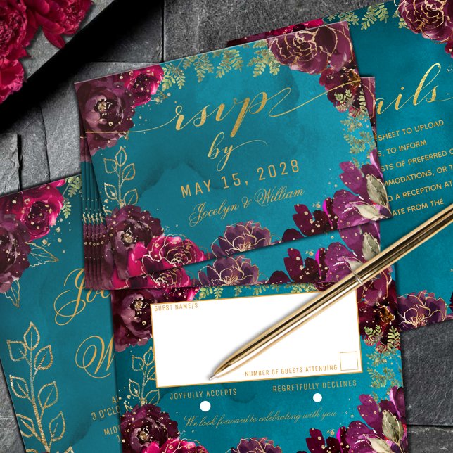 Aqua Aquamarin Merlot Jewel Tone Gold Wedding RSVP (Aqua Teal Merlot Jewel Tone Gold Wedding RSVP return-by-mail enclosure card)