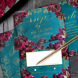 Aqua Aquamarin Merlot Jewel Tone Gold Wedding RSVP Karte