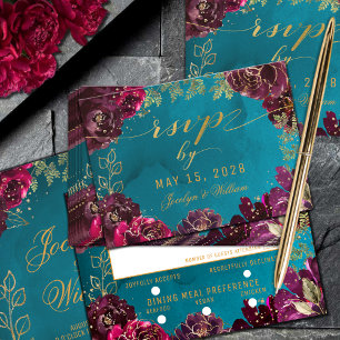 Aqua Aquamarin Merlot Jewel Tone Goldene Mahlzeit RSVP Karte