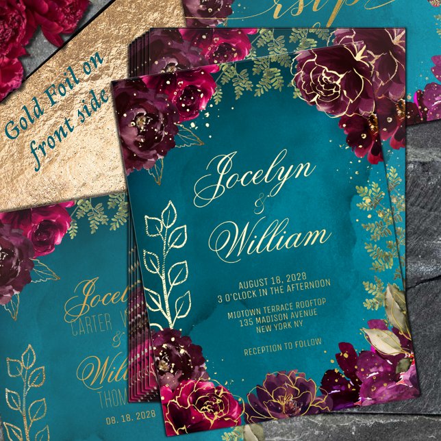 Aqua Aquamarin Merlot Jewel Tone Wedding Folieneinladung (Aqua Teal Merlot Gold Foil Jewel Tone Wedding Invitation)
