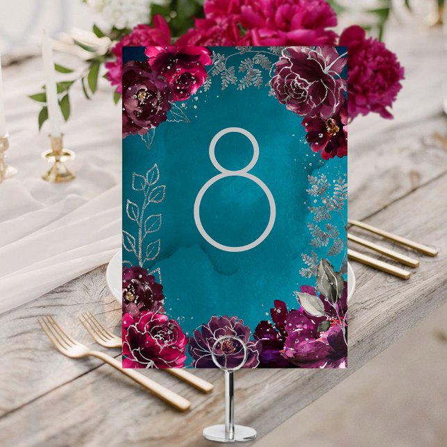Aqua Aquamarin Merlot Jewel Tone Wedding Tischnumm Tischnummer (Aqua Teal Merlot Jewel Tone Silver Wedding Table Number Card)
