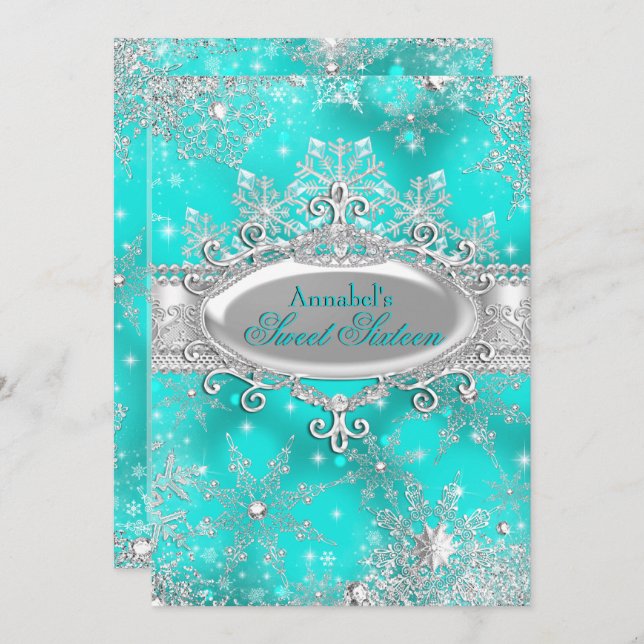 Aqua Aquamarin Princess Winter Wonderland Sweet 16 Einladung (Vorne/Hinten)