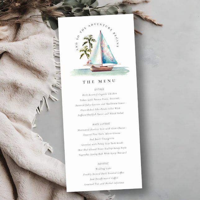 Aqua Aquamarin Sailboat Palm Seascape Wedding Kart Einladung (Von Creator hochgeladen)