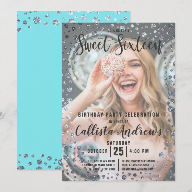 Aqua Aquamarin Silver Glitzer Confetti Foto Sweet  Einladung (Vorne/Hinten)