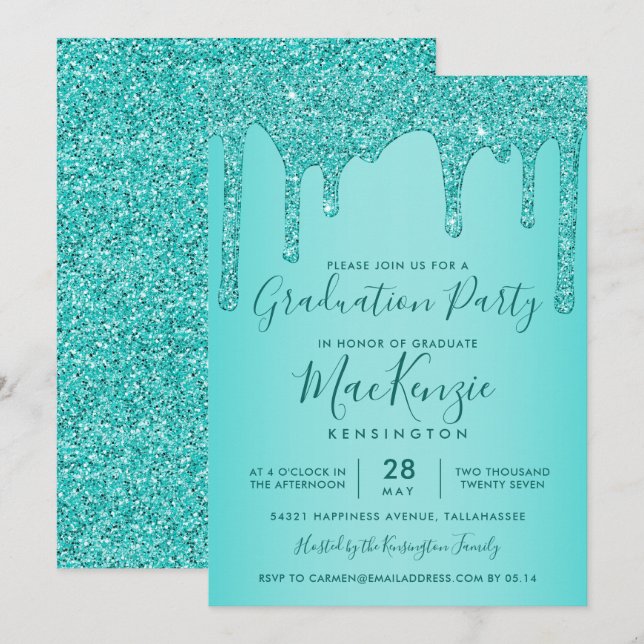 Aqua Aquamarin Sparkle Glitzer Tropfens Graduation Einladung (Vorne/Hinten)